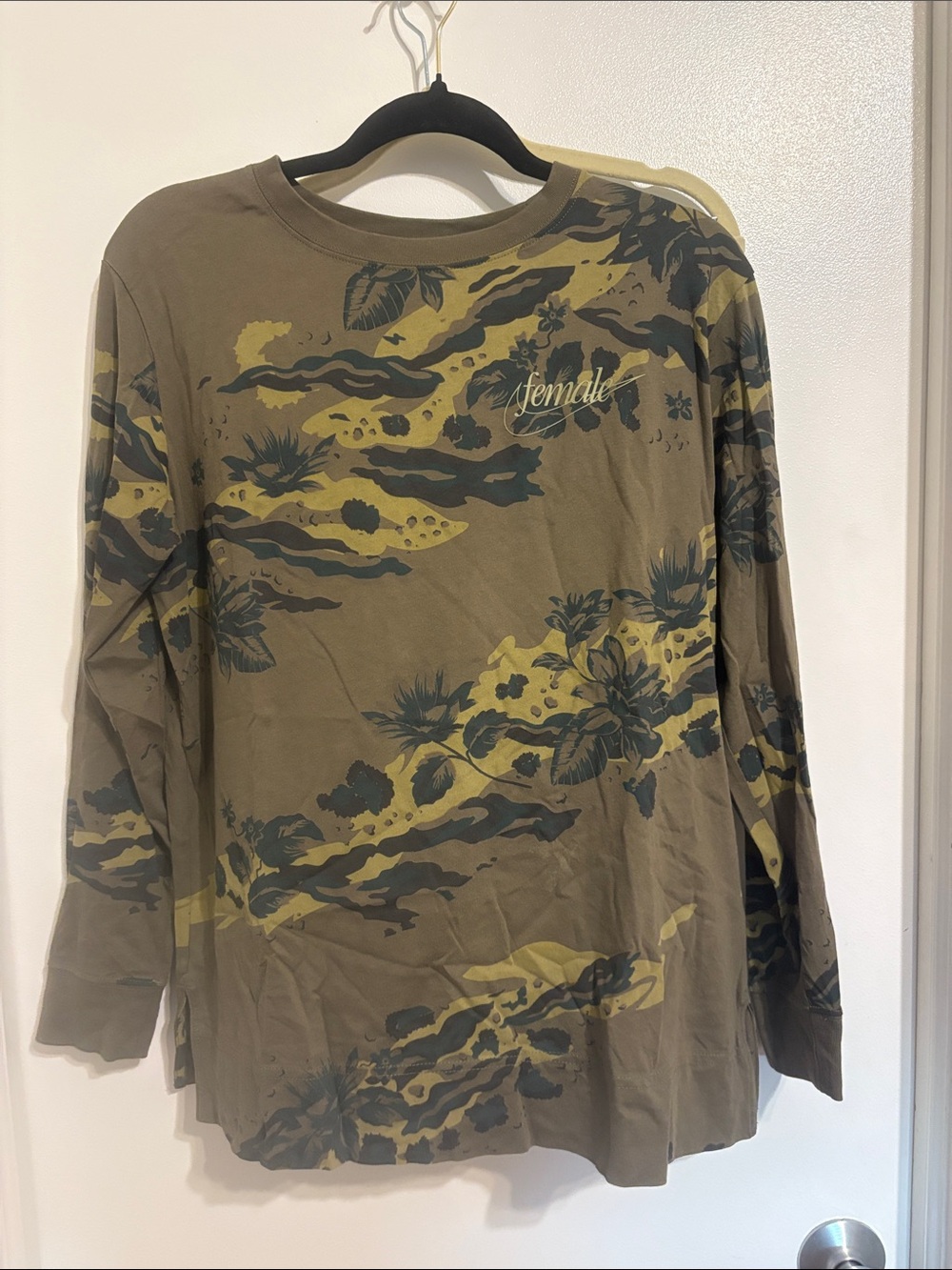 Nike Olive Green Long Sleeve Tee with Yellow-Green Floral Camo Print